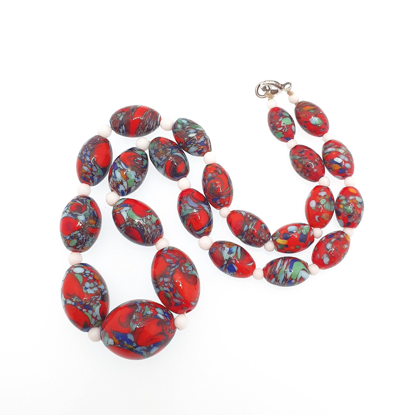 Antique Venetian Murano Glass Bead Necklace Millefiori Pebble Dash Red Blue 1920s 42cm 48.49g Venice Vintage Italian Jewelry Jewellery