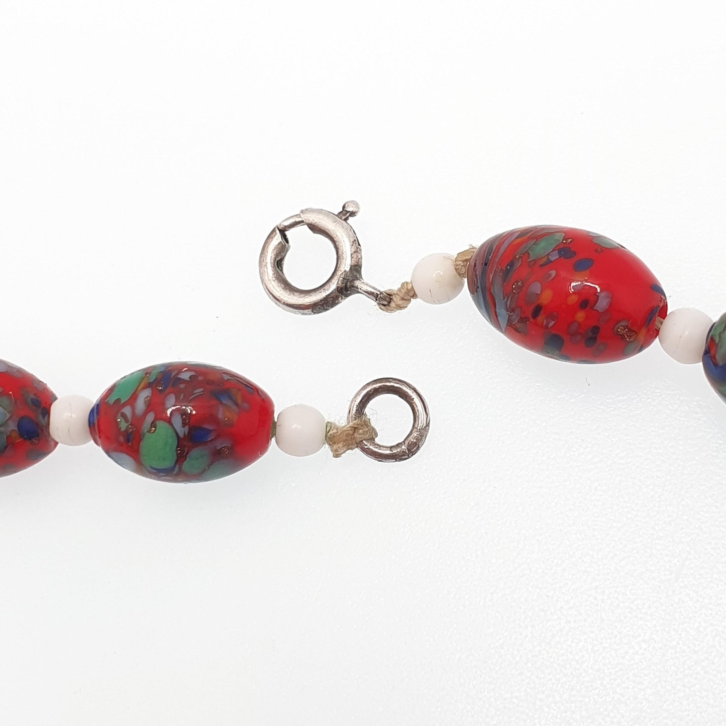 Antique Venetian Murano Glass Bead Necklace Millefiori Pebble Dash Red Blue 1920s 42cm 48.49g Venice Vintage Italian Jewelry Jewellery