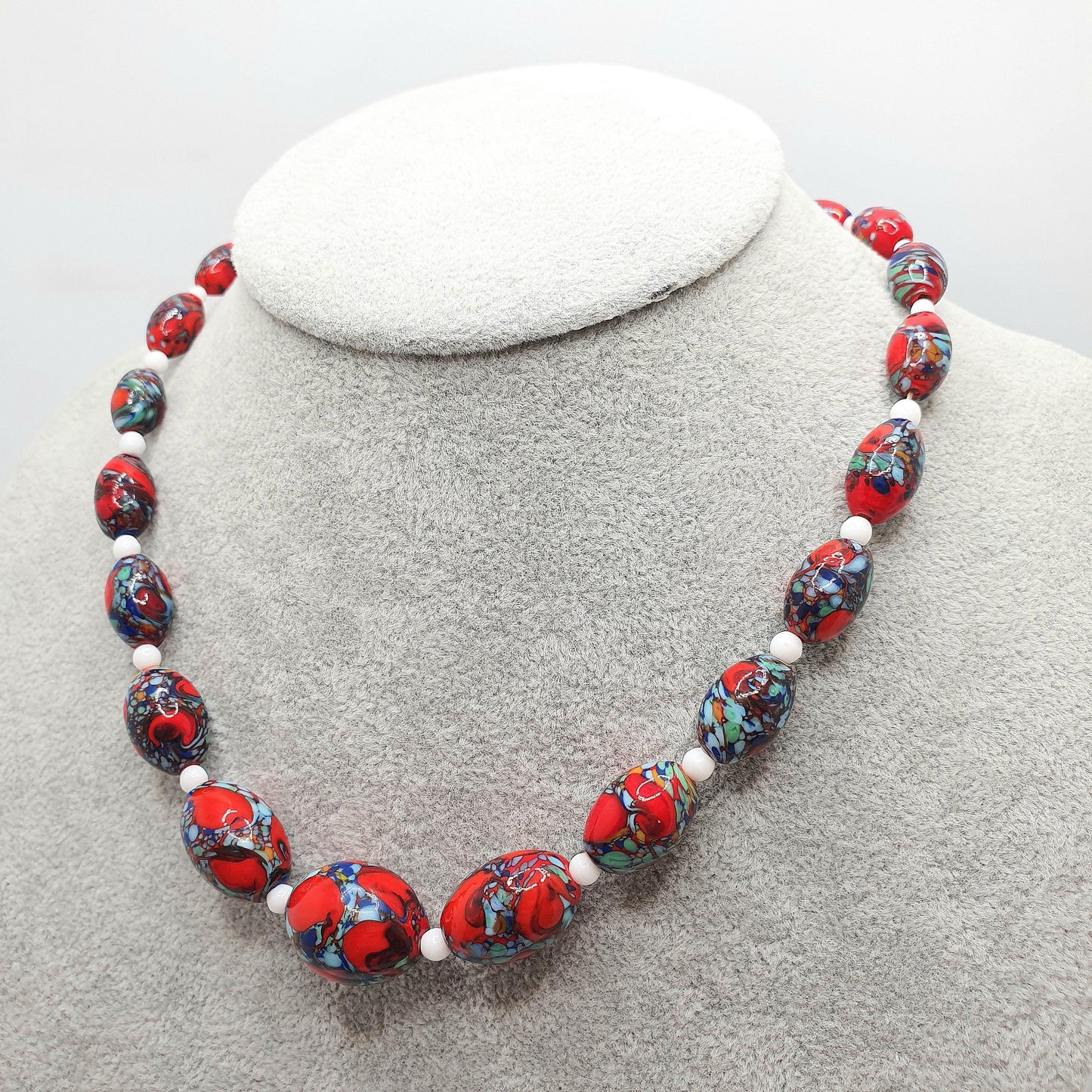 Antique Venetian Murano Glass Bead Necklace Millefiori Pebble Dash Red Blue 1920s 42cm 48.49g Venice Vintage Italian Jewelry Jewellery