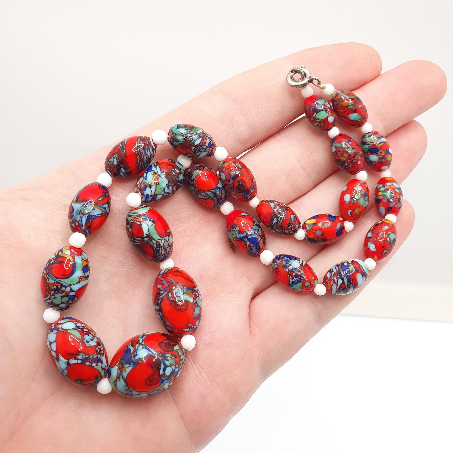 Antique Venetian Murano Glass Bead Necklace Millefiori Pebble Dash Red Blue 1920s 42cm 48.49g Venice Vintage Italian Jewelry Jewellery