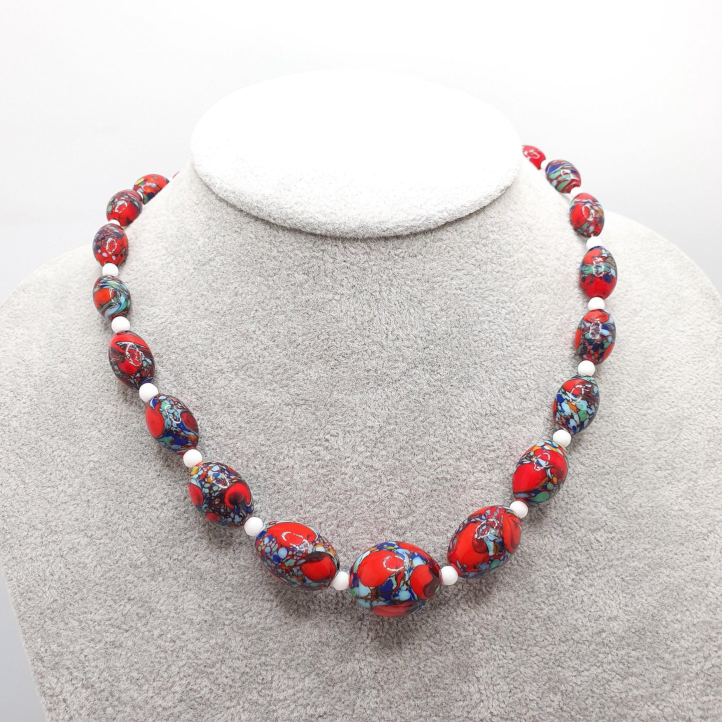 Antique Venetian Murano Glass Bead Necklace Millefiori Pebble Dash Red Blue 1920s 42cm 48.49g Venice Vintage Italian Jewelry Jewellery