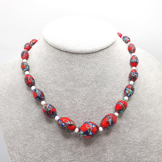 Antique Venetian Murano Glass Bead Necklace Millefiori Pebble Dash Red Blue 1920s 42cm 48.49g Venice Vintage Italian Jewelry Jewellery