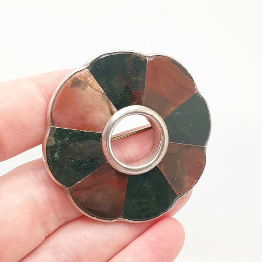 Antique Victorian Solid Silver Scottish Brooch Pin Bloodstone Red Jasper Agate Large Big Donut Polo 1800s Womens Jewelry Jewellery Vintage