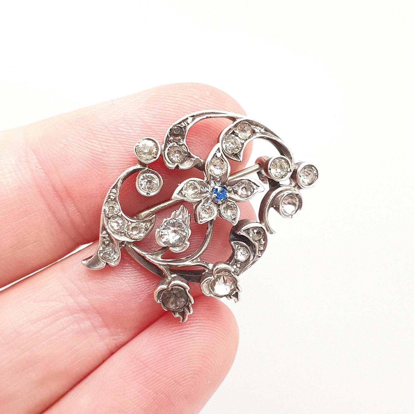 Antique Solid Silver Sapphire & Diamond Paste Brooch Victorian Art Nouveau Pin 1800s Sparkly Vintage Womens Jewelry Jewellery