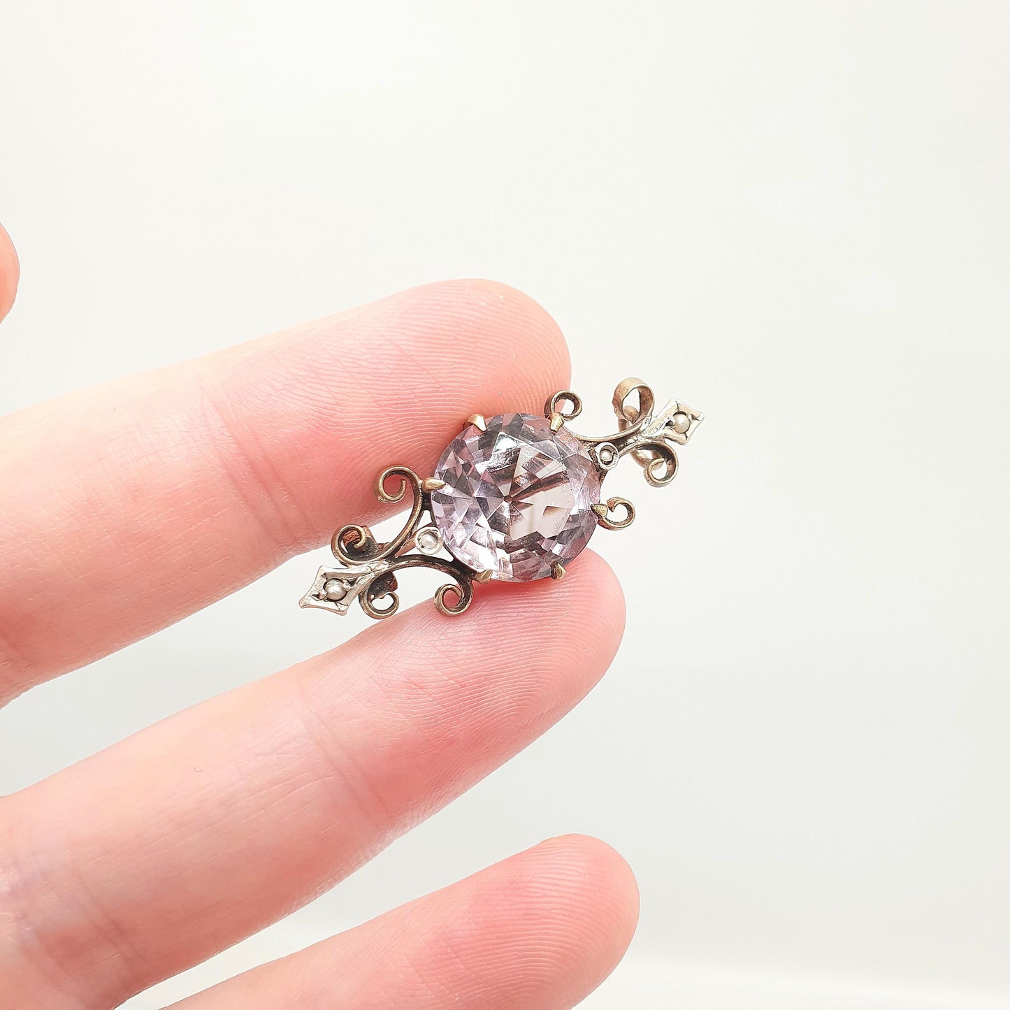 Antique Victorian Natural Amethyst Brooch Pin Seed Pearl Gold Tone Genuine Gemstone Old Vintage 1800s Lilac Purple Womens Jewelry