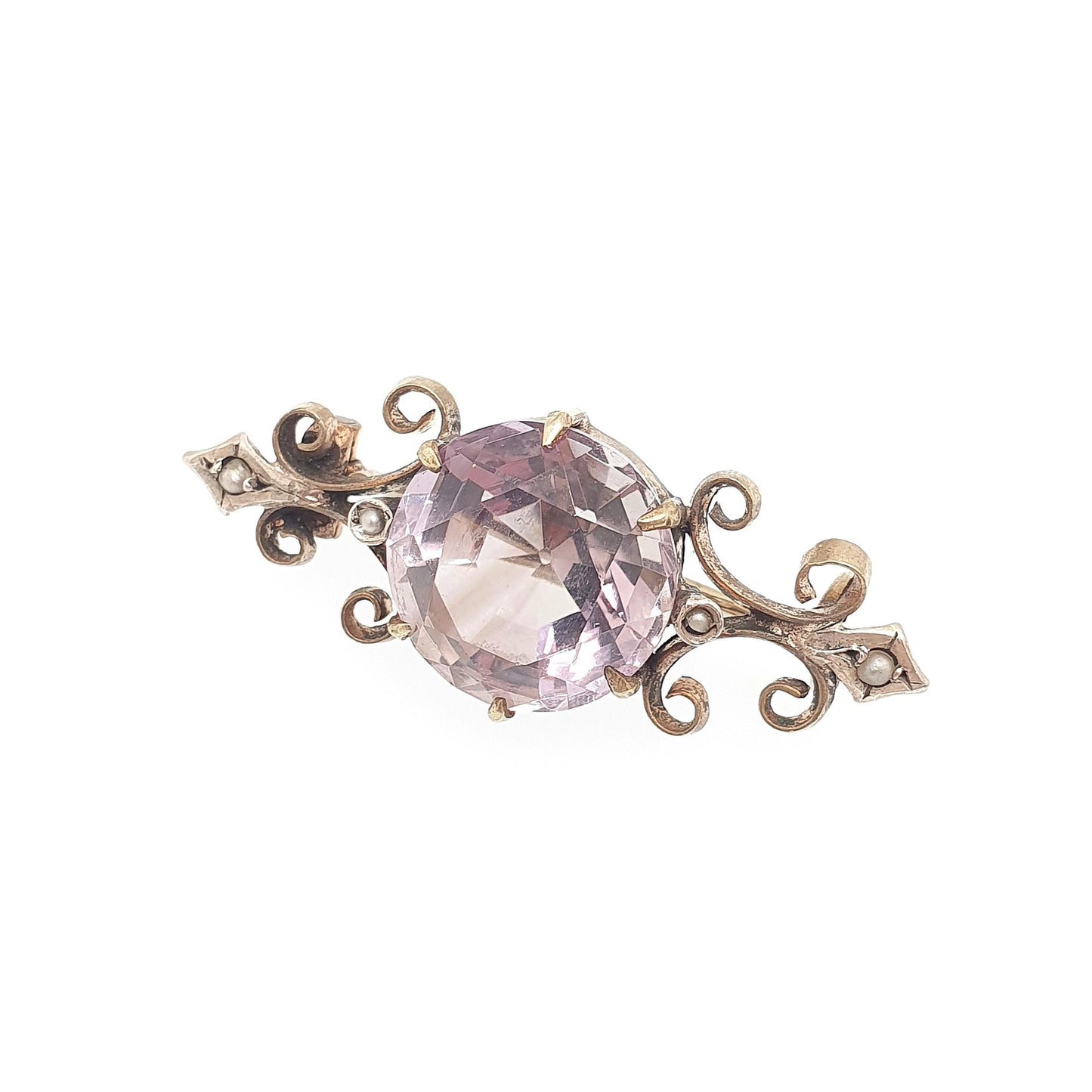 Antique Victorian Natural Amethyst Brooch Pin Seed Pearl Gold Tone Genuine Gemstone Old Vintage 1800s Lilac Purple Womens Jewelry