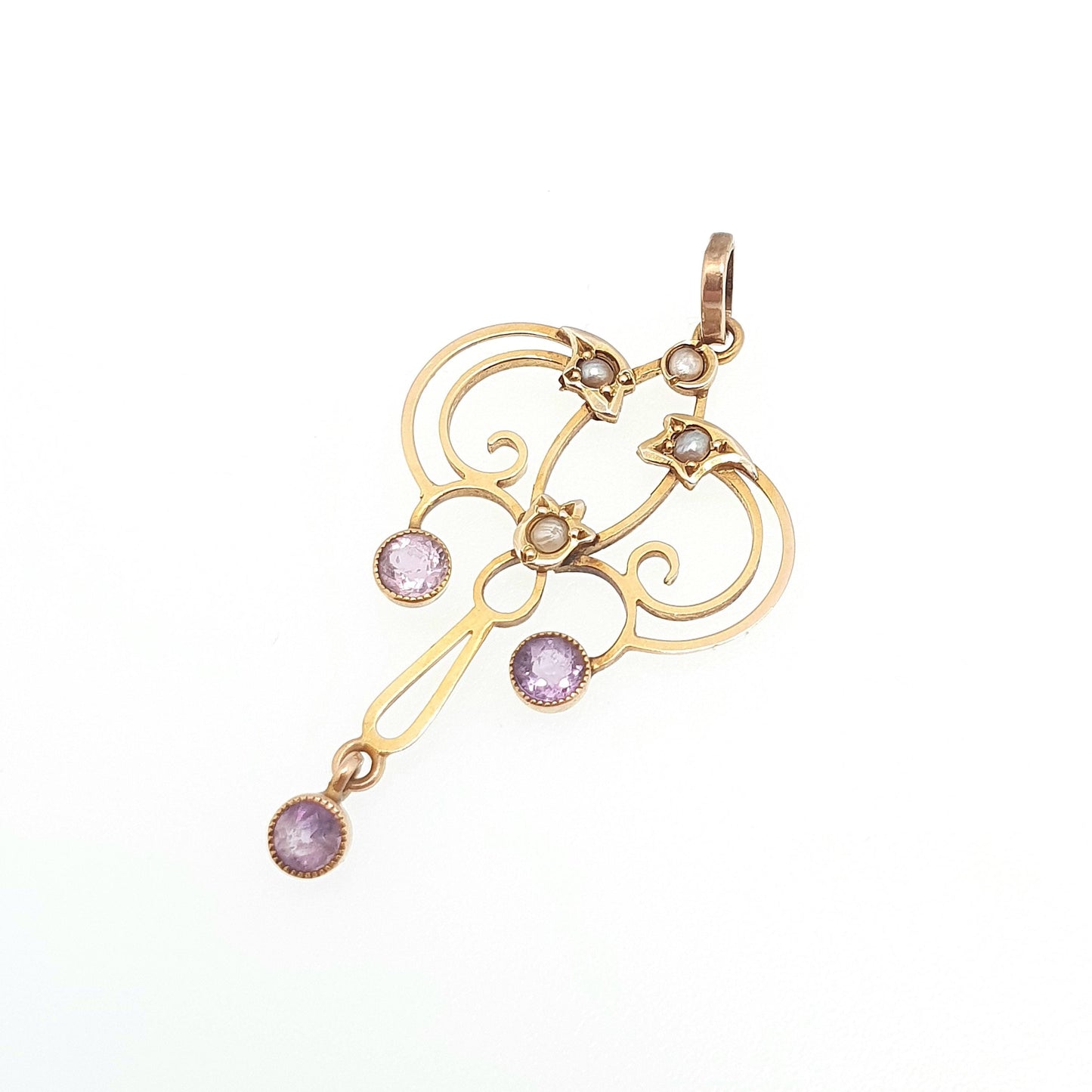 Antique 9ct Gold Amethyst Seed Pearl Pendant Necklace Brooch Edwardian Solid 375 Openwork Art Nouveau Vintage Jewellery Jewelry