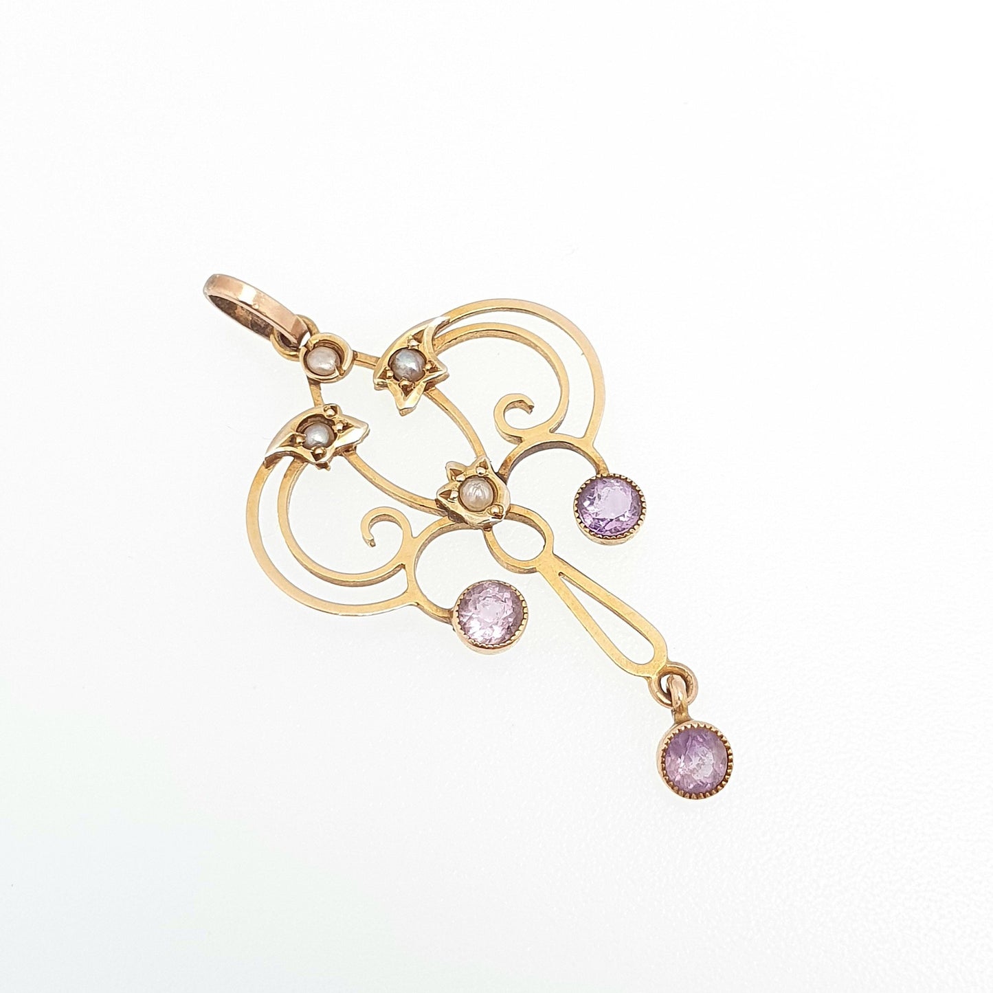 Antique 9ct Gold Amethyst Seed Pearl Pendant Necklace Brooch Edwardian Solid 375 Openwork Art Nouveau Vintage Jewellery Jewelry