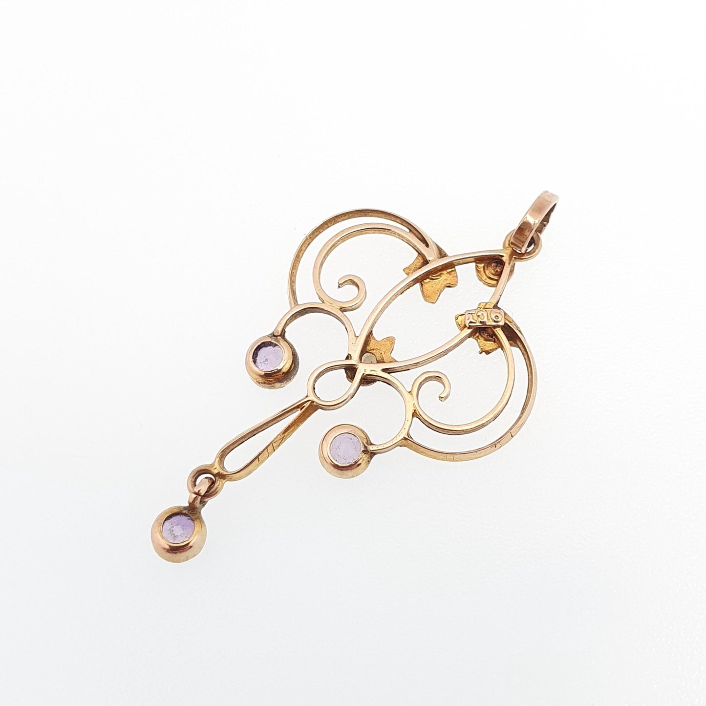 Antique 9ct Gold Amethyst Seed Pearl Pendant Necklace Brooch Edwardian Solid 375 Openwork Art Nouveau Vintage Jewellery Jewelry