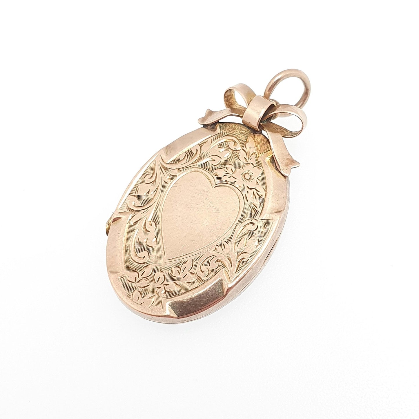 Antique 9ct 9k Gold Bow Locket Pendant Victorian Solid 375 Heart Engraved Back & Front Necklace Jewelry Jewellery