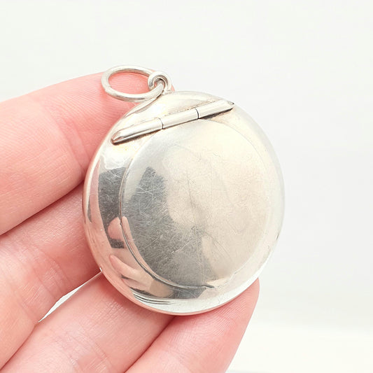 Antique Sterling Silver Powder Compact Locket Pendant Large Big Plain 1918 Hallmarked Round Vintage Solid 925 Womens Jewelry Jewellery