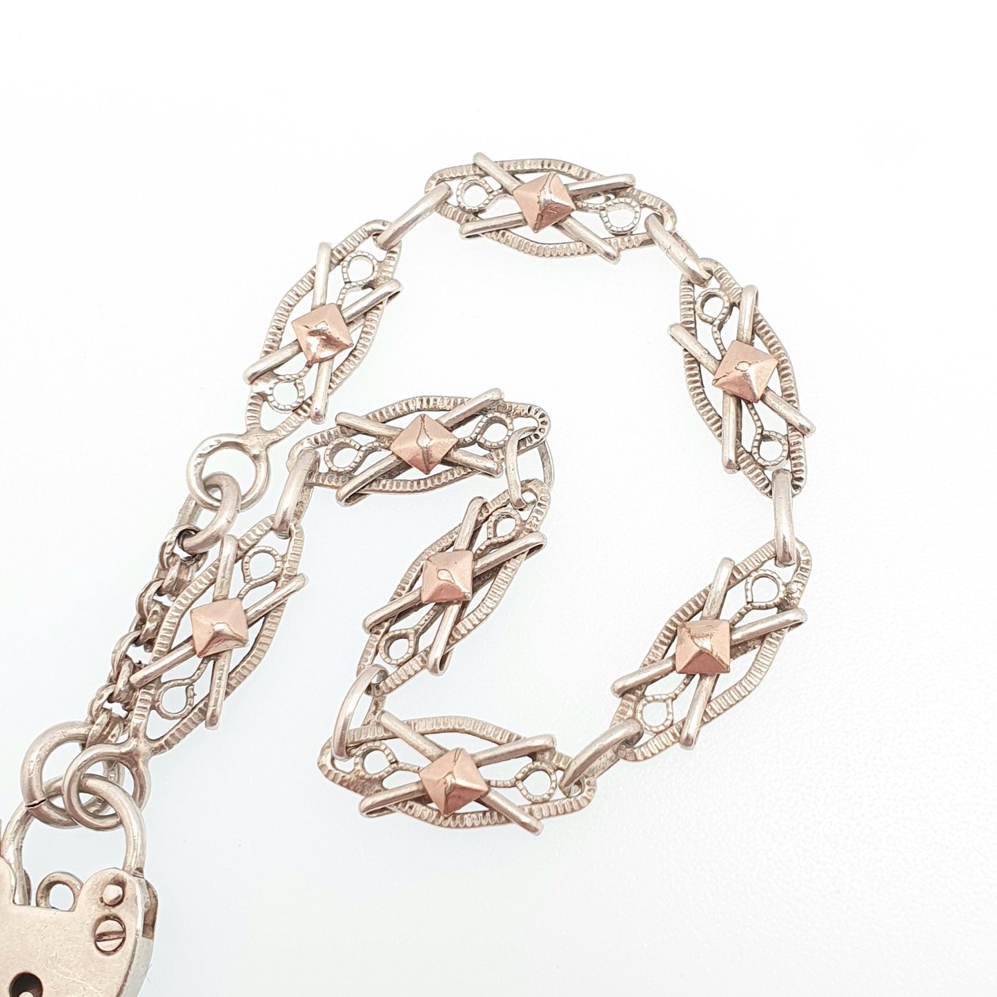 Antique Solid Silver Fancy Link Bracelet Padlock Lock Clasp French Victorian Rose Gold Highlights 14.97g 21.5cm Vintage Womens Mens Jewelry