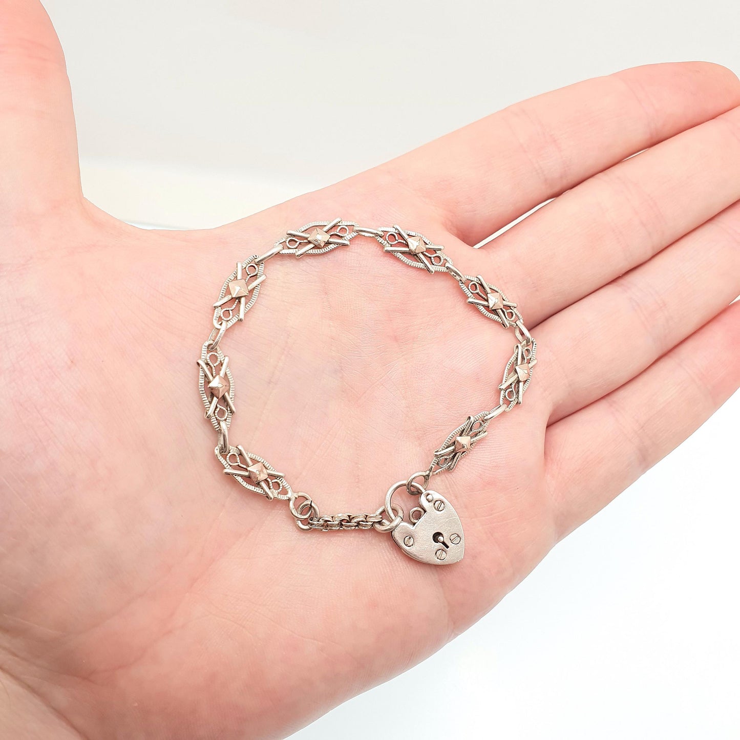 Antique Solid Silver Fancy Link Bracelet Padlock Lock Clasp French Victorian Rose Gold Highlights 14.97g 21.5cm Vintage Womens Mens Jewelry