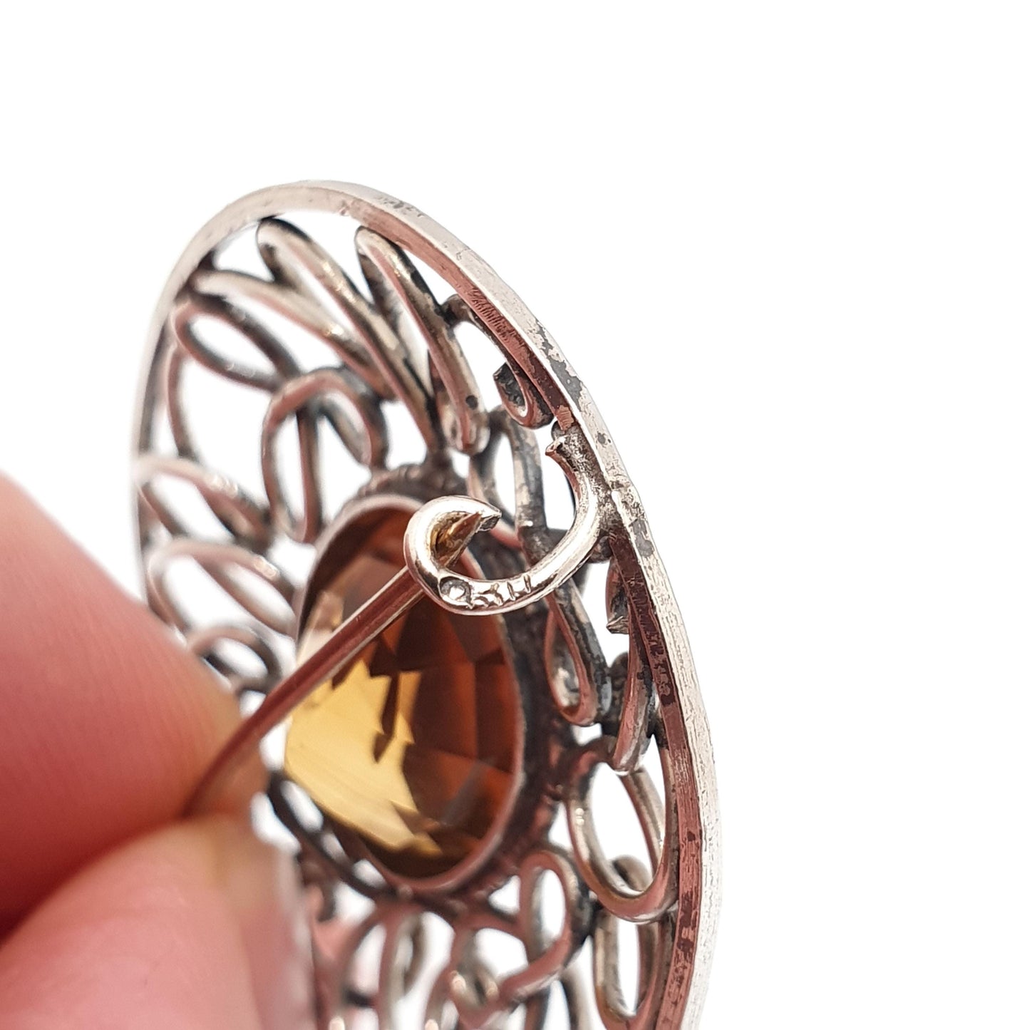 Antique Solid Silver Natural Citrine Brooch Arts Crafts Genuine Quartz Large Gemstone Oval Cut Vintage Yellow Orange Jewelry Jewellery
