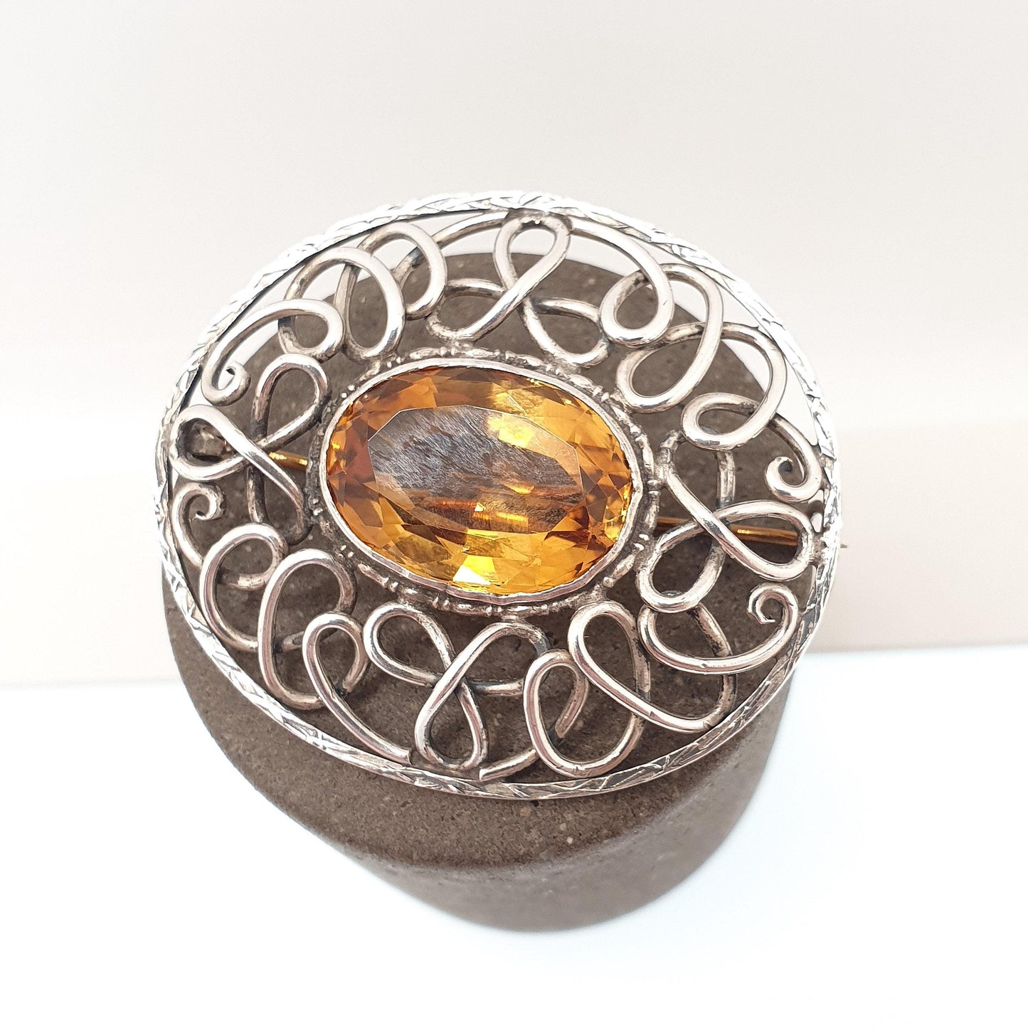 Antique Solid Silver Natural Citrine Brooch Arts Crafts Genuine Quartz Large Gemstone Oval Cut Vintage Yellow Orange Jewelry Jewellery