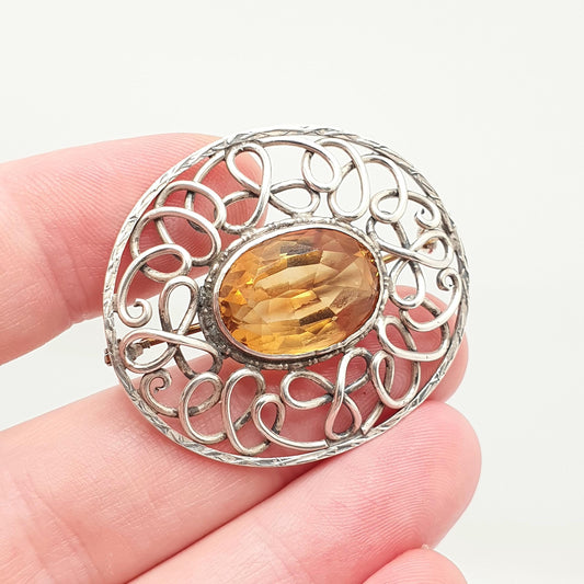 Antique Solid Silver Natural Citrine Brooch Arts Crafts Genuine Quartz Large Gemstone Oval Cut Vintage Yellow Orange Jewelry Jewellery
