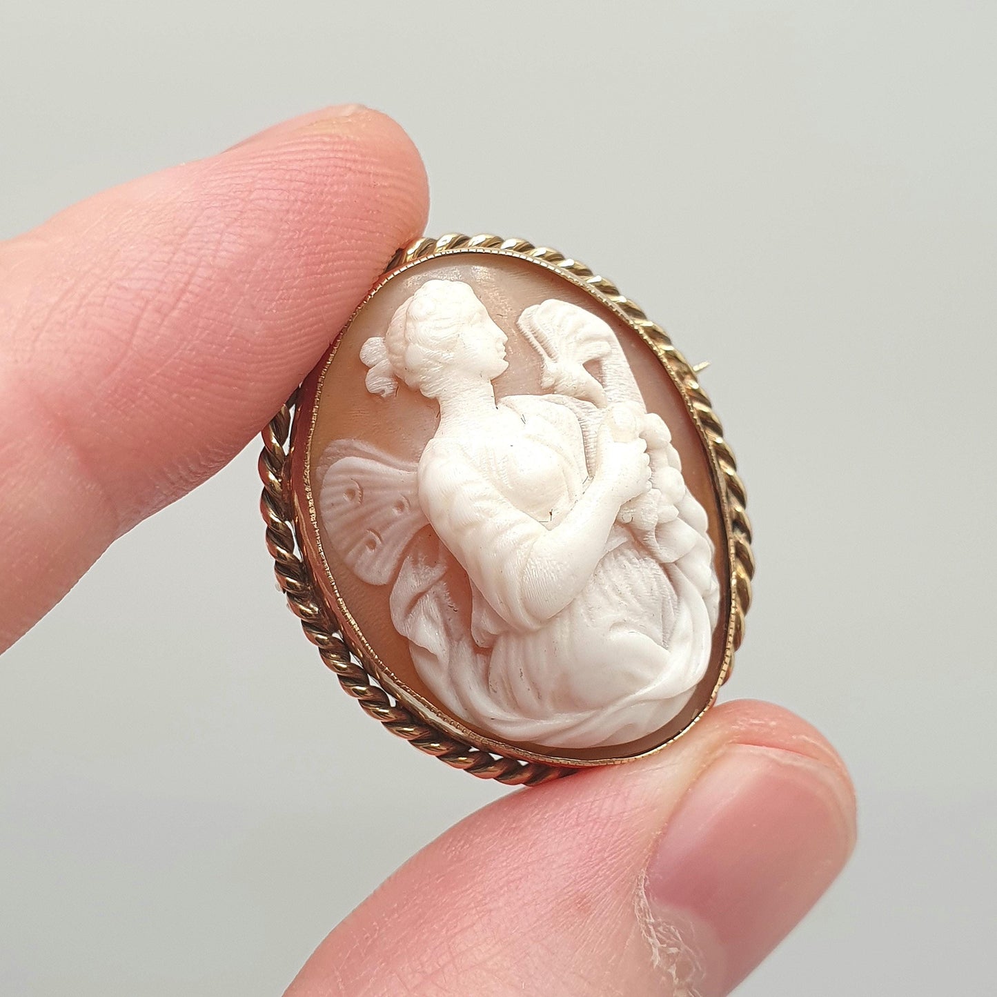 Antique 9ct Gold Cameo Brooch Psyche Greek Goddess Butterfly Wing Solid 9k 9kt Mount High Relief Vintage Womens Jewellery Jewelry