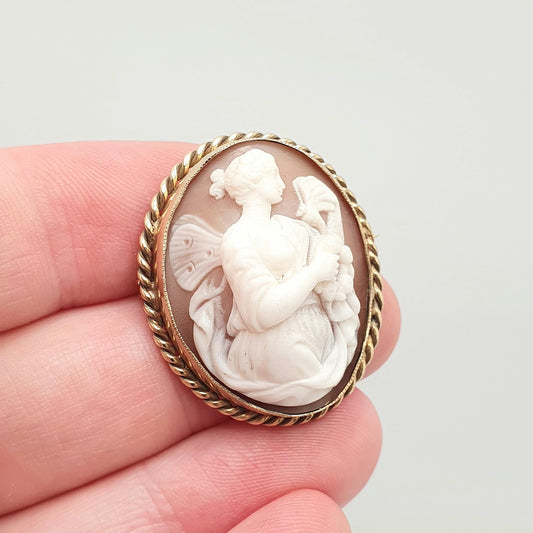 Antique 9ct Gold Cameo Brooch Psyche Greek Goddess Butterfly Wing Solid 9k 9kt Mount High Relief Vintage Womens Jewellery Jewelry