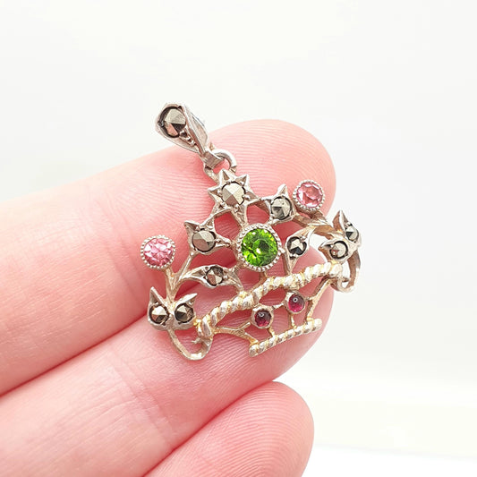 Antique Solid Silver Paste Flower Basket Pendant Necklace Giardinetti French 1800s Marcasite Sparkly Vintage Jewelry Jewellery