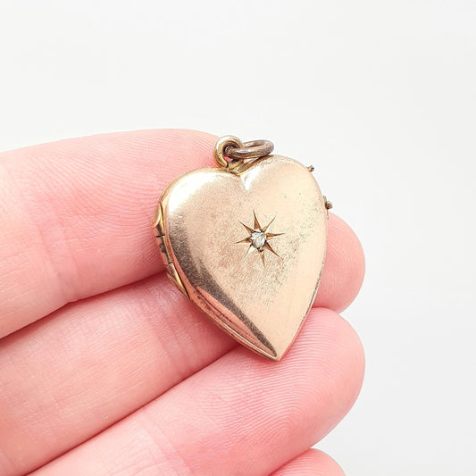 Antique Rolled Gold Diamond Heart Locket Necklace Victorian Rose Gold Filled Genuine Gemstone Pendant Vintage Jewellery Jewelry