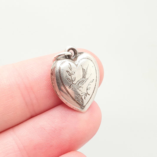 Antique Victorian Sterling Silver Heart Bird Necklace Pendant Engraved Charm Cute Sweetheart Jewelry Vintage Jewellery