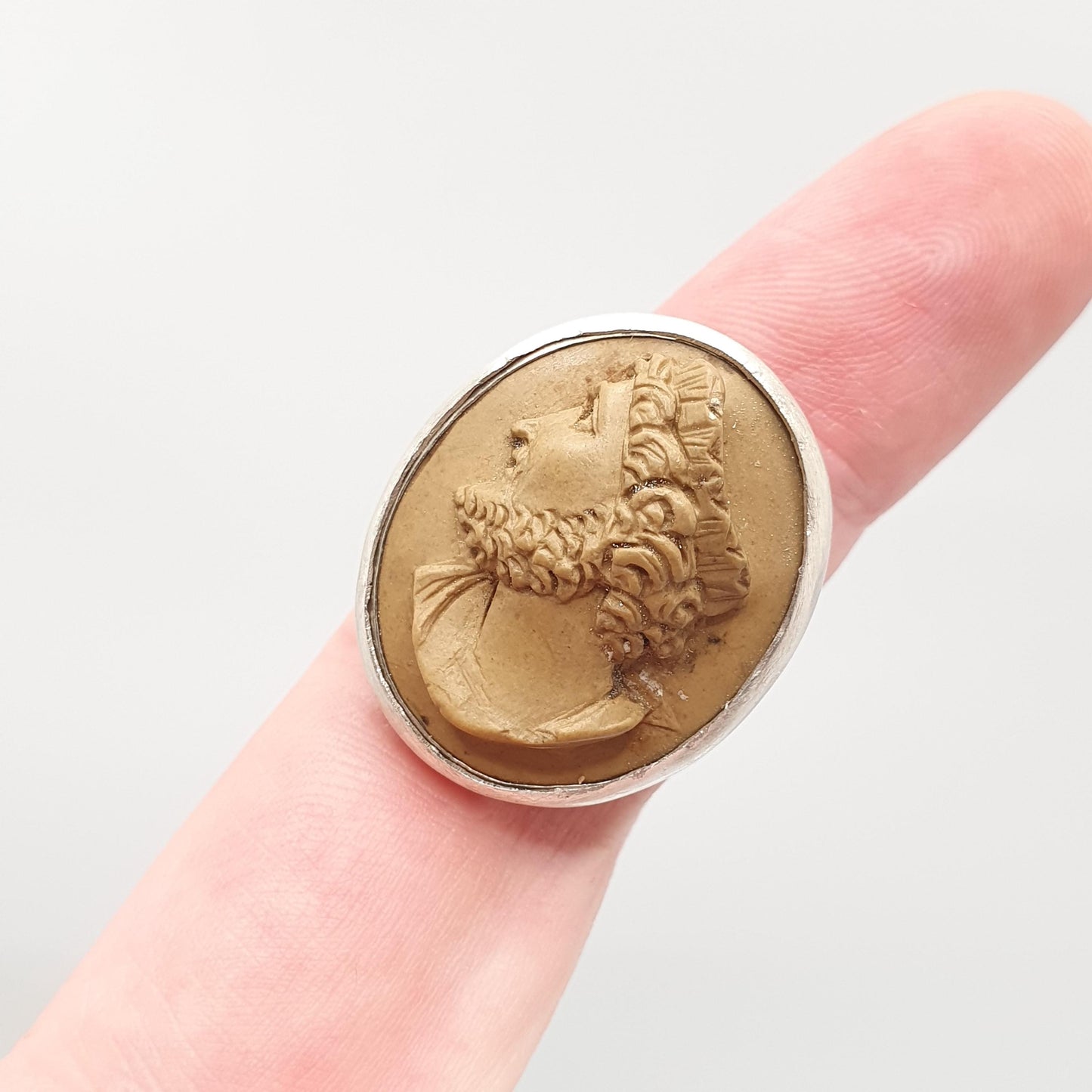 Antique Solid Silver Lava Cameo Ring Victorian Male King Crown Hand Carved Naples Pompeii  Signet Italian Jewelry Jewellery