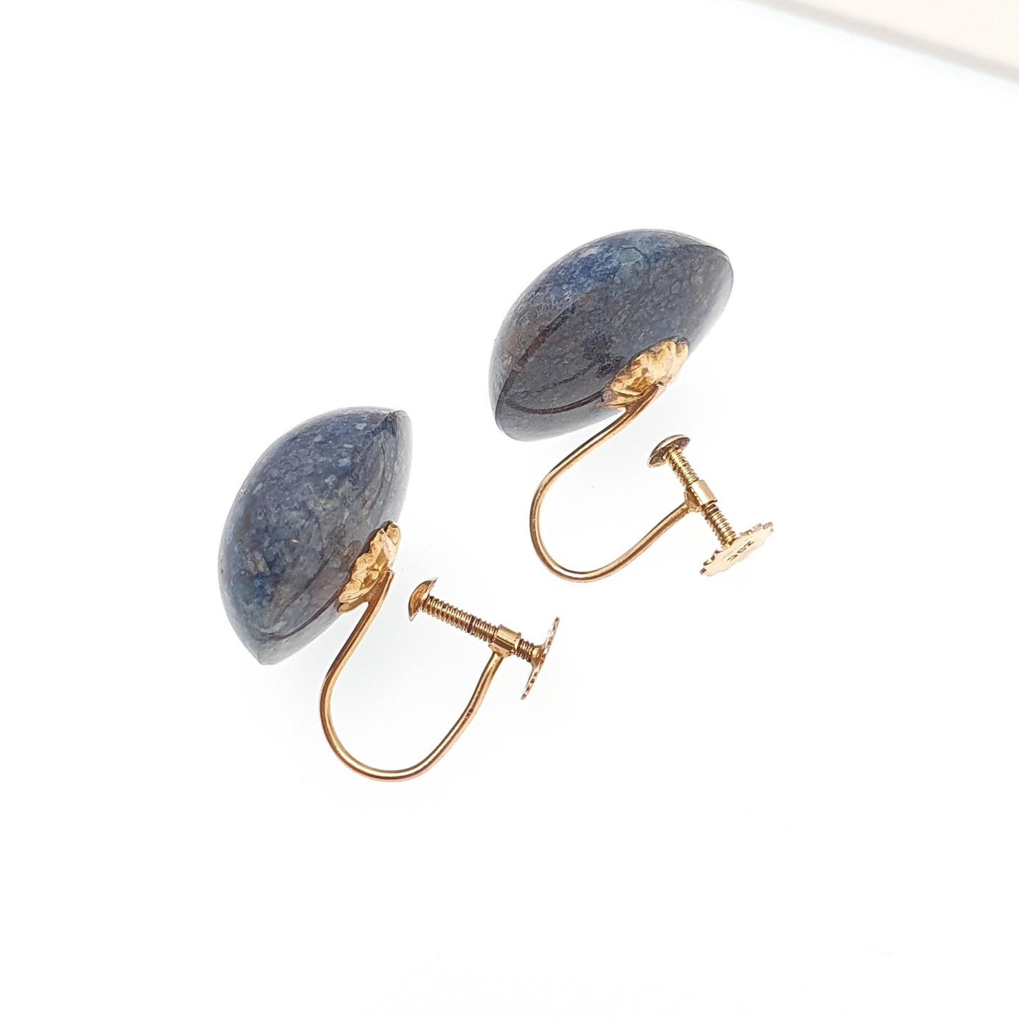 Antique 9k 9ct Gold Sodalite Earrings Large Blue Gemstone Art Deco Solid 9 Carat 375 Dome Cabochon Vintage Jewelry Jewellery