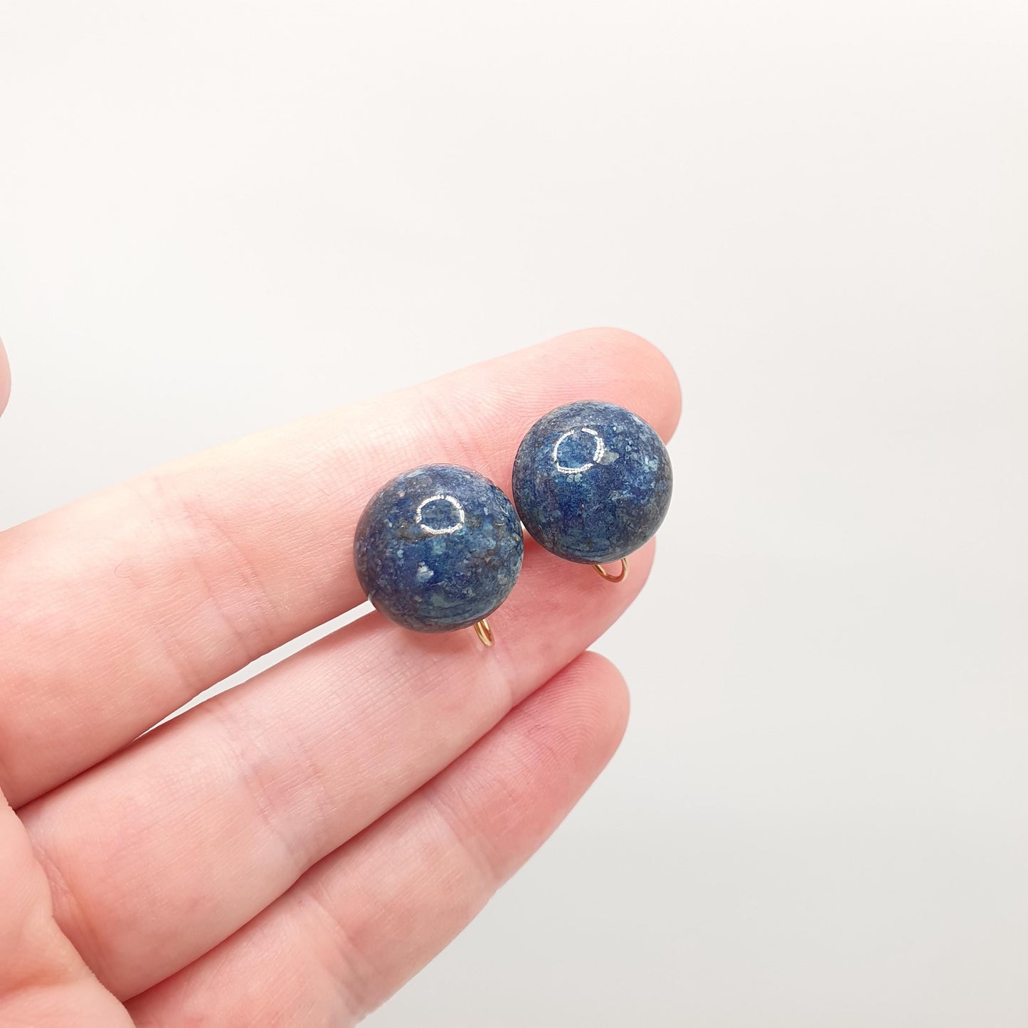 Antique 9k 9ct Gold Sodalite Earrings Large Blue Gemstone Art Deco Solid 9 Carat 375 Dome Cabochon Vintage Jewelry Jewellery