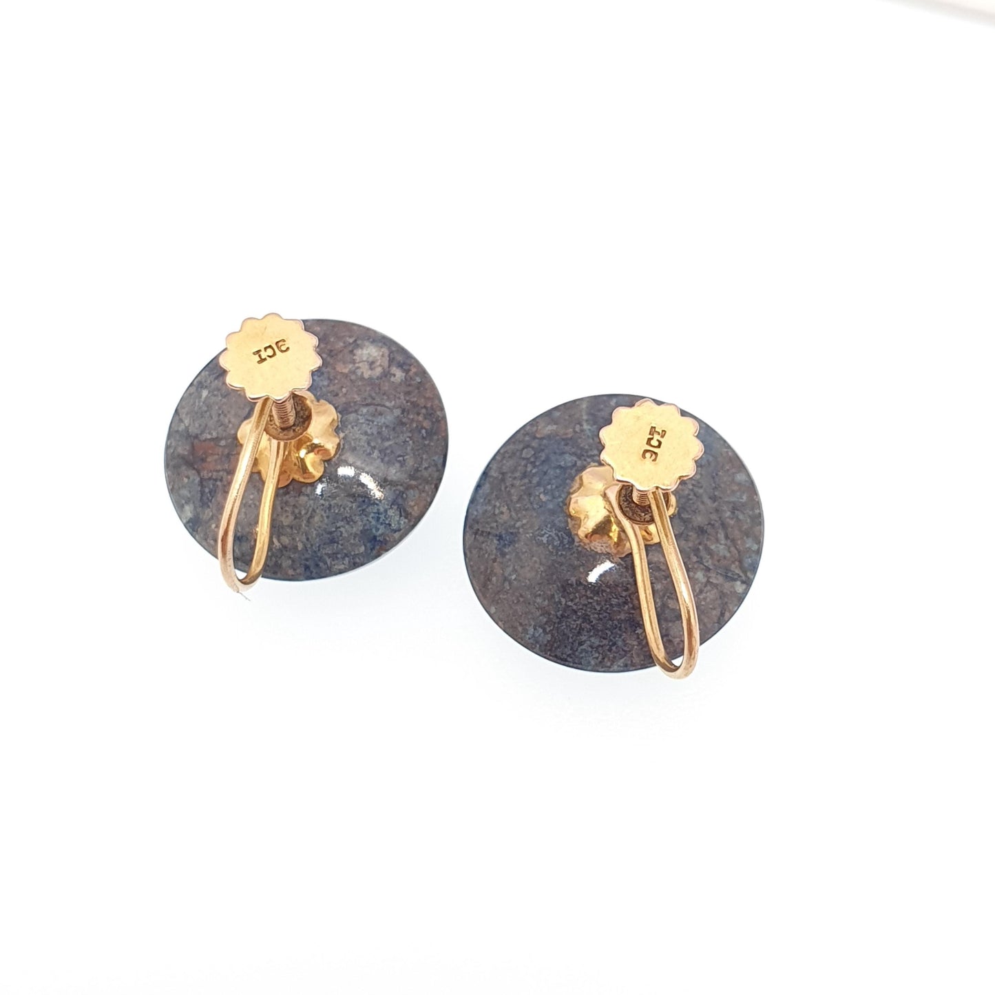Antique 9k 9ct Gold Sodalite Earrings Large Blue Gemstone Art Deco Solid 9 Carat 375 Dome Cabochon Vintage Jewelry Jewellery