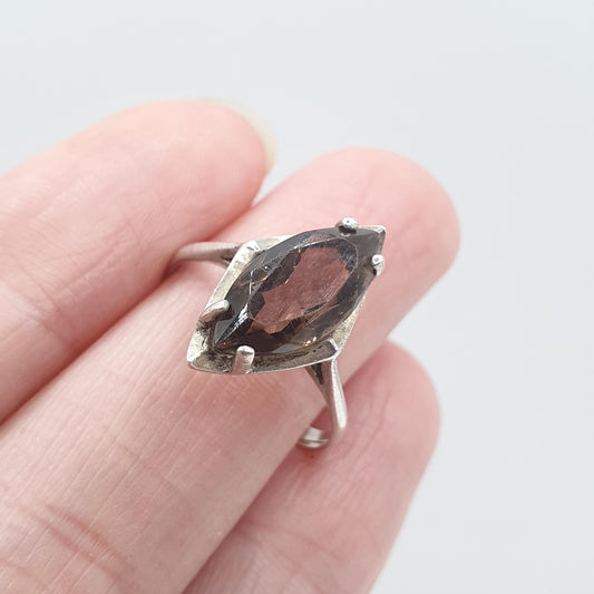 Vintage Solid Silver Smoky Quartz Ring Brown Gemstone Kite Cut Solitaire 1979 Hallmark Womens Jewelry Jewellery