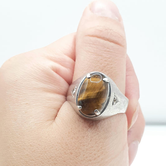 Vintage Solid Silver Tiger Eye & CZ Signet Ring Brown Gemstone Large Mens Womens Unisex Jewellery Jewelry
