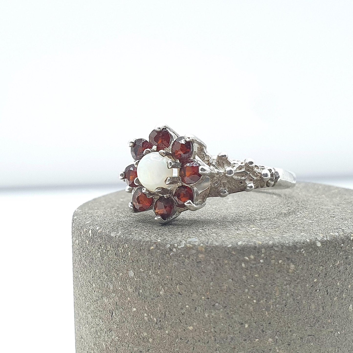 Vintage Sterling Silver Garnet & Opal Cluster Ring Red Gemstone 1979 Hallmark Womens Girls Jewelry Jewellery
