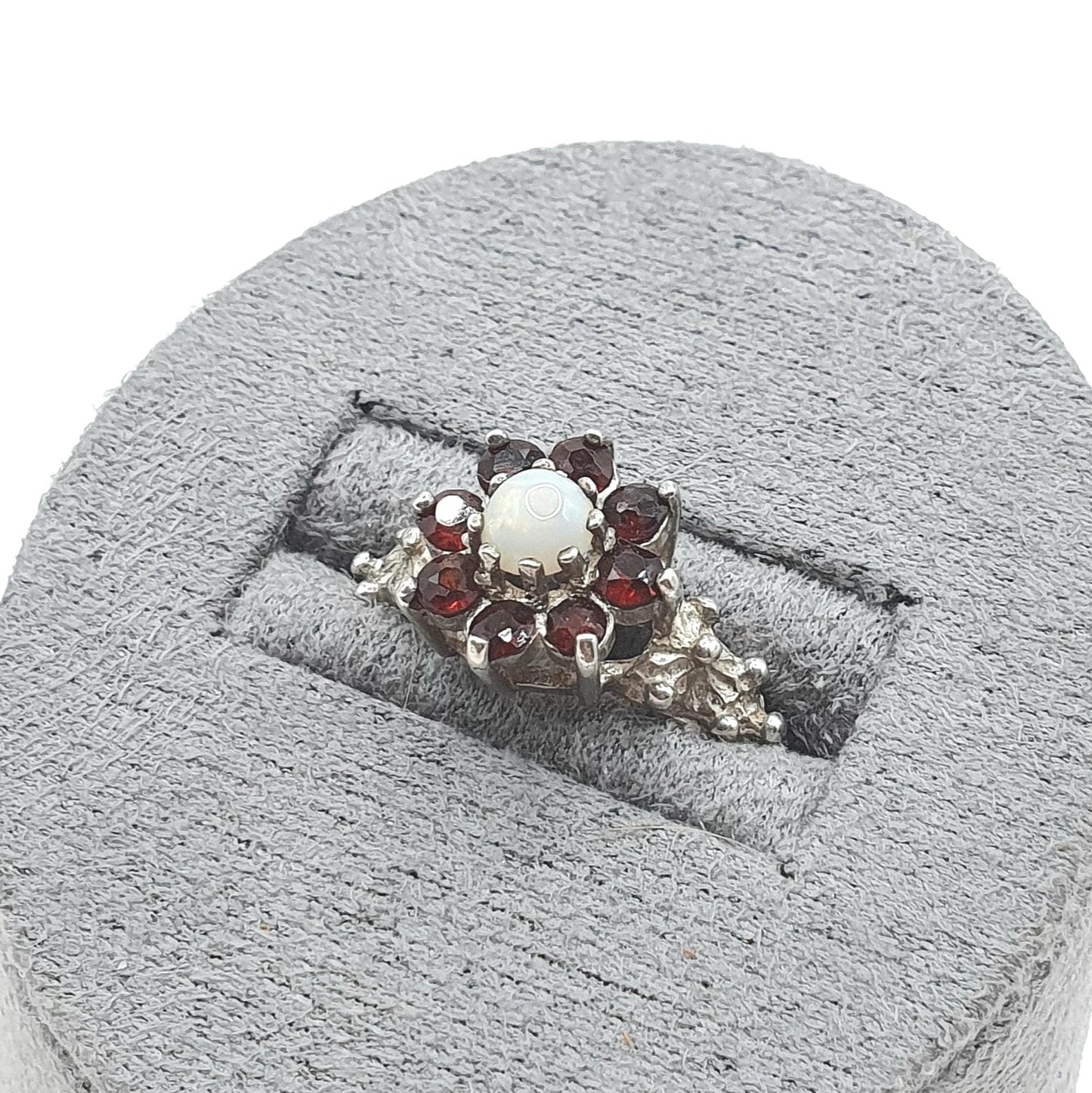 Vintage Sterling Silver Garnet & Opal Cluster Ring Red Gemstone 1979 Hallmark Womens Girls Jewelry Jewellery