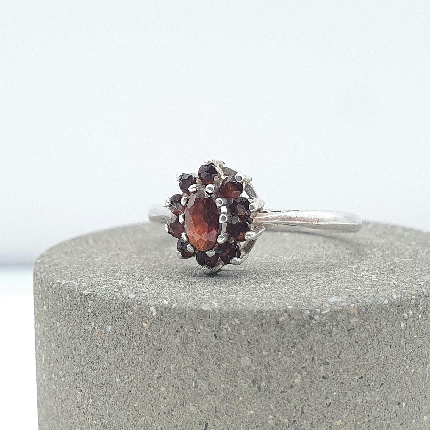 Vintage Sterling Silver Garnet Cluster Ring Red Gemstone Halo 1981 Hallmark Womens Girls Solid 925 Jewelry Jewellery