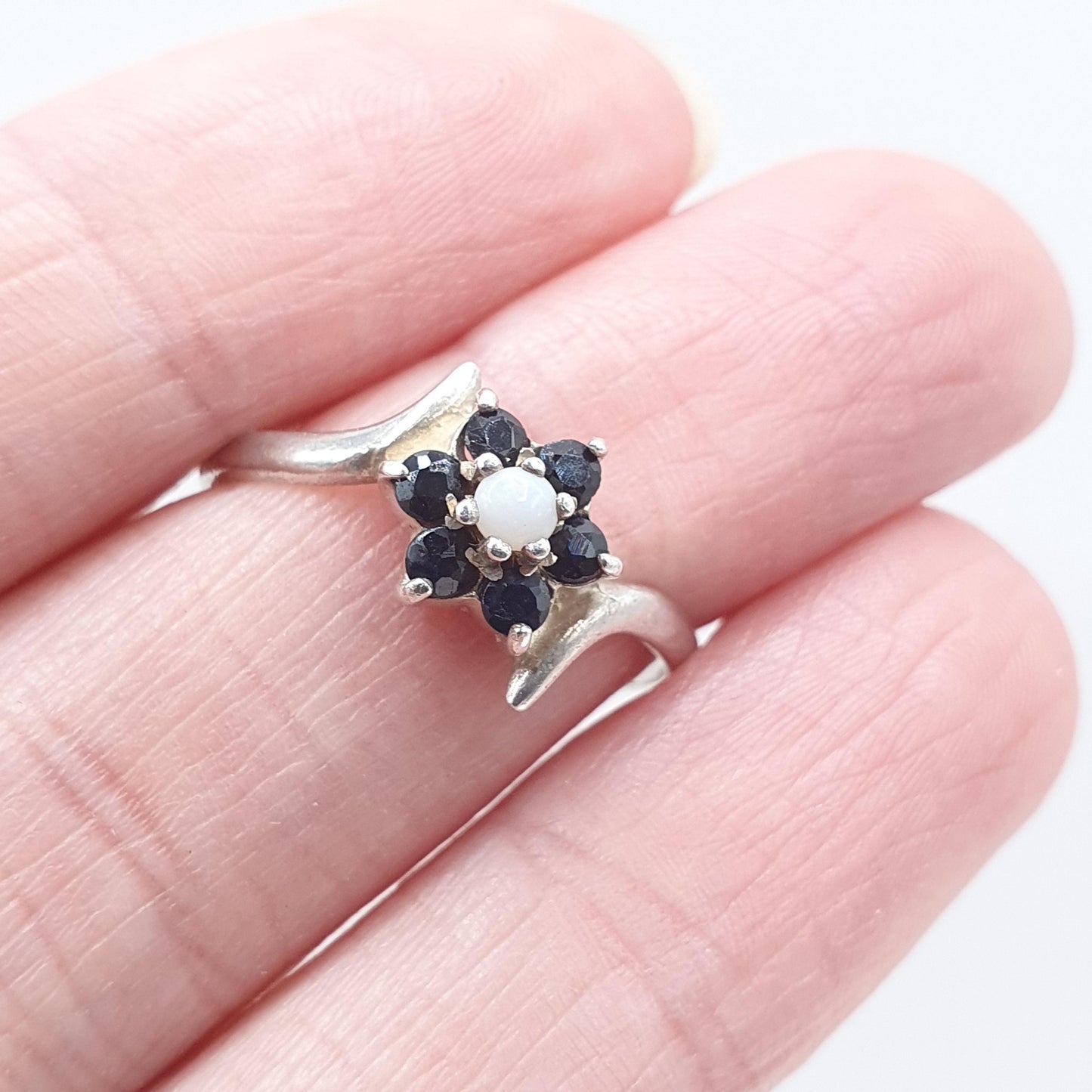 Vintage Sterling Silver Sapphire & Opal Cluster Ring Blue Gemstone Halo 1993 Hallmark Womens Girls Jewelry Jewellery