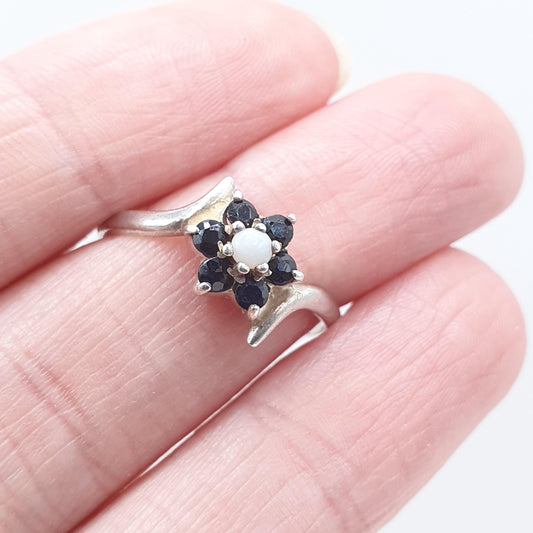 Vintage Sterling Silver Sapphire & Opal Cluster Ring Blue Gemstone Halo 1993 Hallmark Womens Girls Jewelry Jewellery
