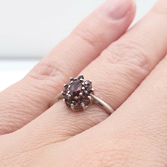 Vintage Sterling Silver Garnet Cluster Ring Red Gemstone Halo 1981 Hallmark Womens Girls Solid 925 Jewelry Jewellery