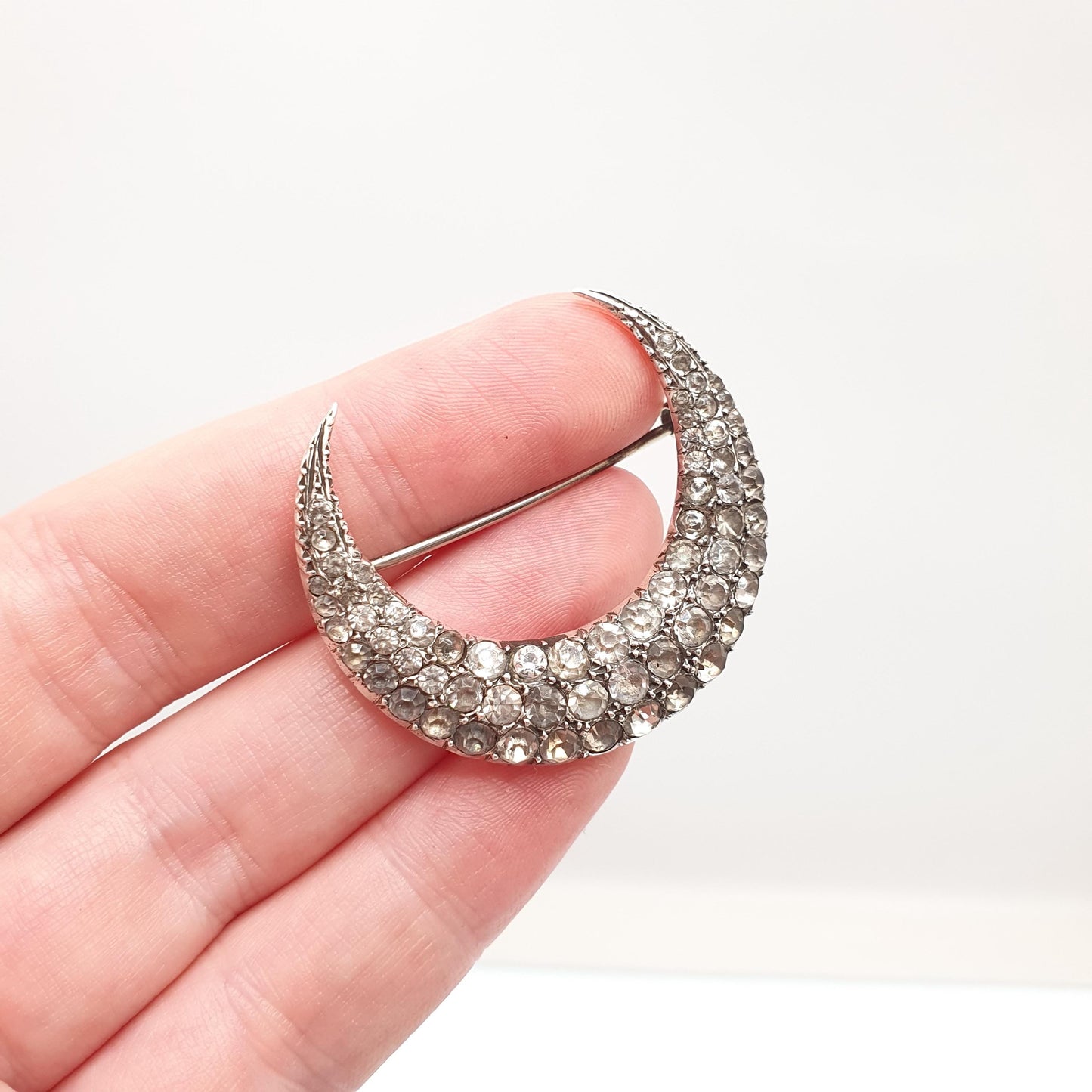 Antique Solid Silver Paste Crescent Moon Brooch Large Big Victorian Night Sparkly Celestial Jewelry Jewellery Vintage