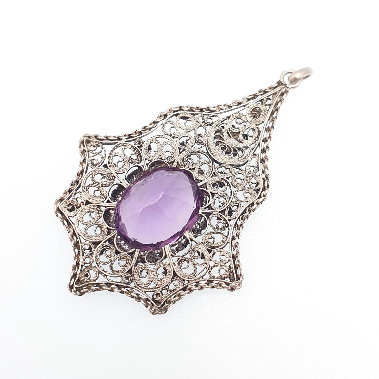 Antique Amethyst Solid Silver Filigree Necklace Pendant Handmade Genuine Gemstone Oval Cut Fine Womens Jewelry Jewellery
