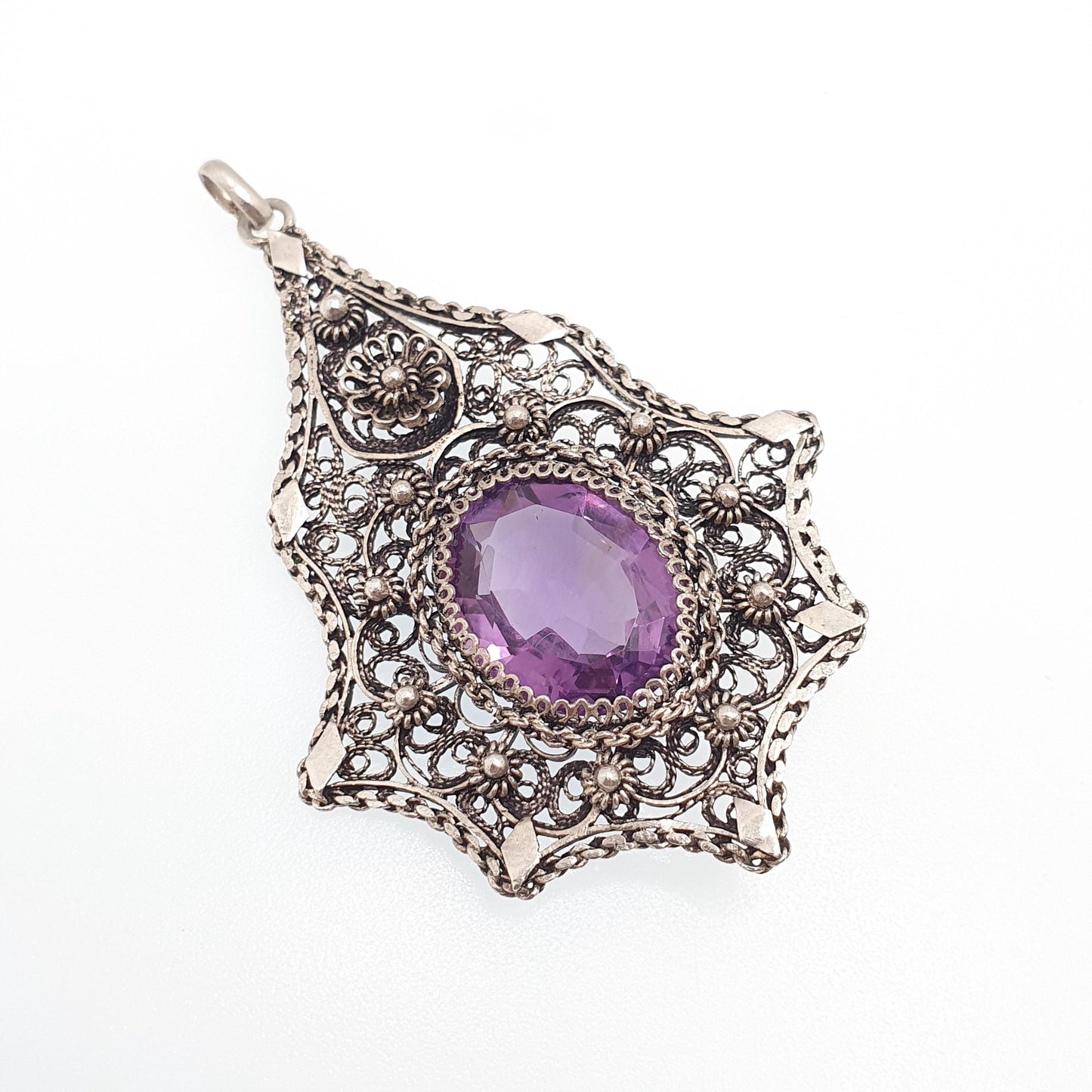 Antique Amethyst Solid Silver Filigree Necklace Pendant Handmade Genuine Gemstone Oval Cut Fine Womens Jewelry Jewellery