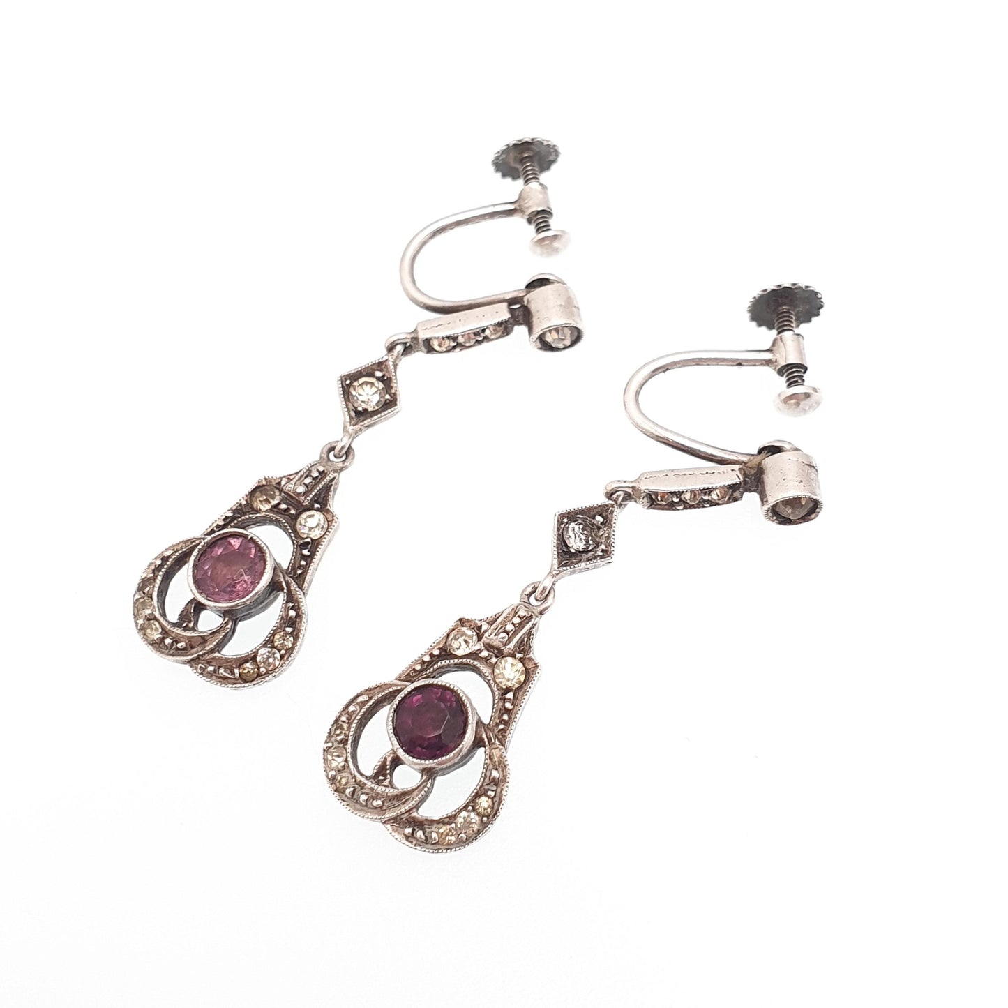 Antique Solid Silver Amethyst & Diamond Paste Earrings Art Deco Hanging Drop Pendulum Chandelier 1920s Vintage Jewelry Jewellery