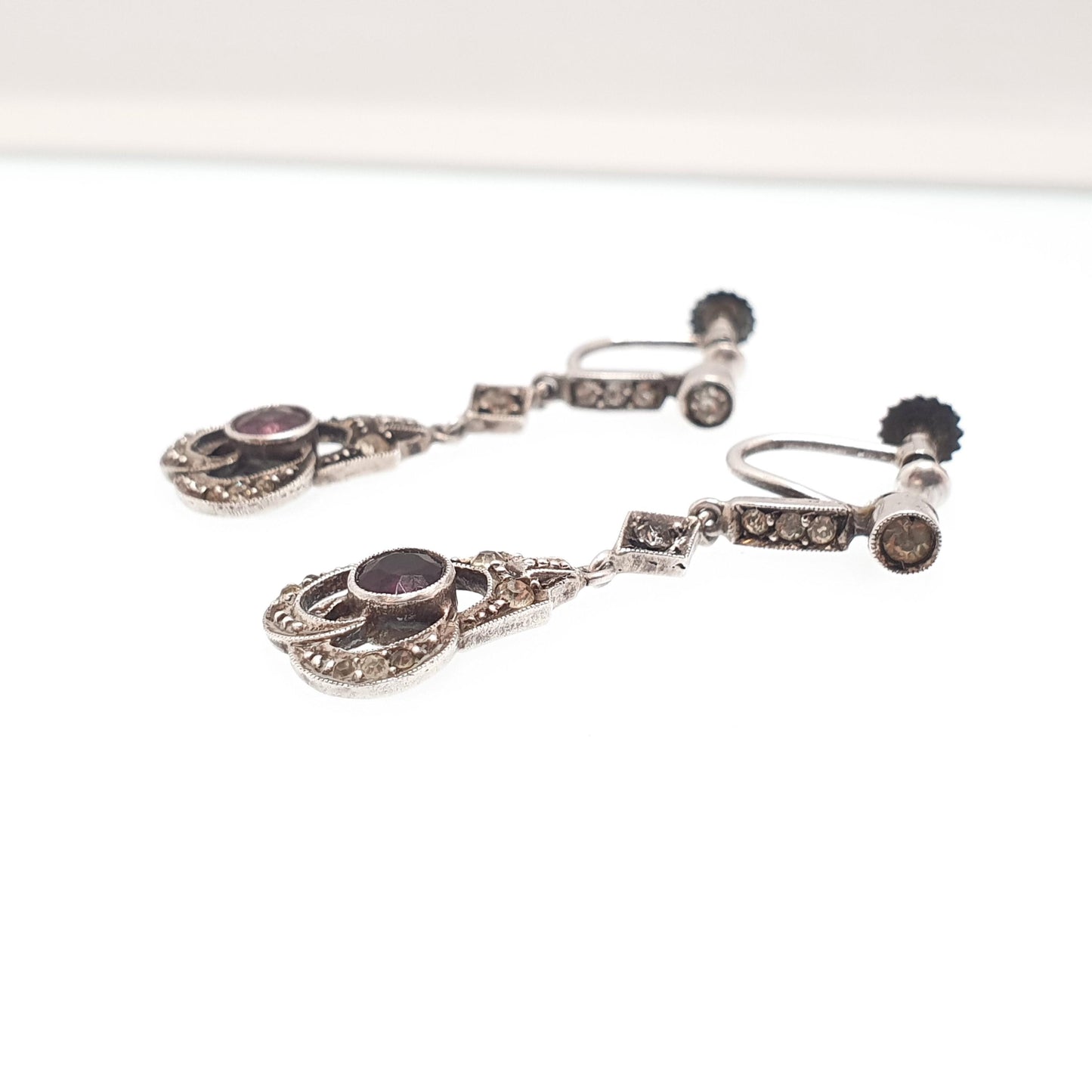 Antique Solid Silver Amethyst & Diamond Paste Earrings Art Deco Hanging Drop Pendulum Chandelier 1920s Vintage Jewelry Jewellery