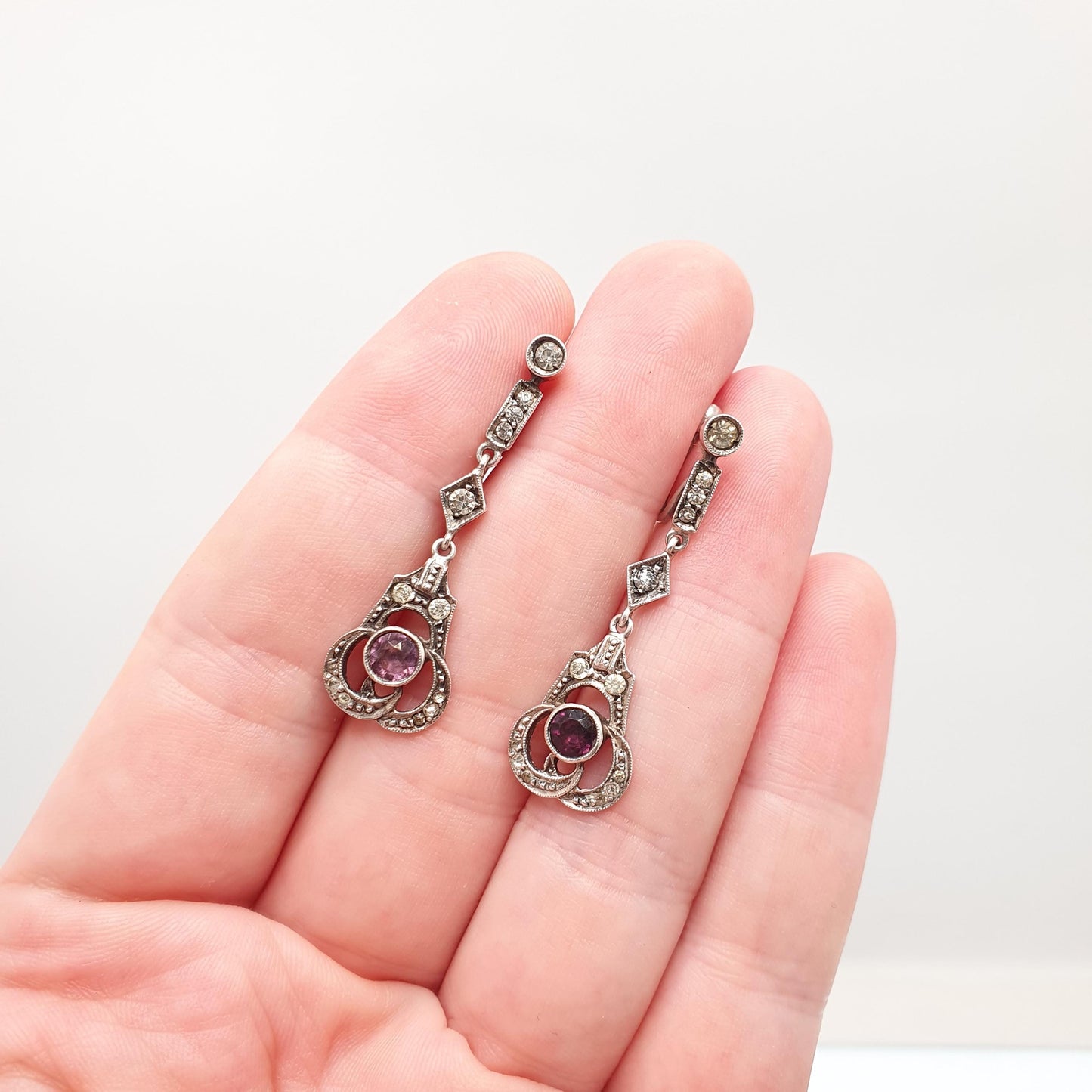 Antique Solid Silver Amethyst & Diamond Paste Earrings Art Deco Hanging Drop Pendulum Chandelier 1920s Vintage Jewelry Jewellery