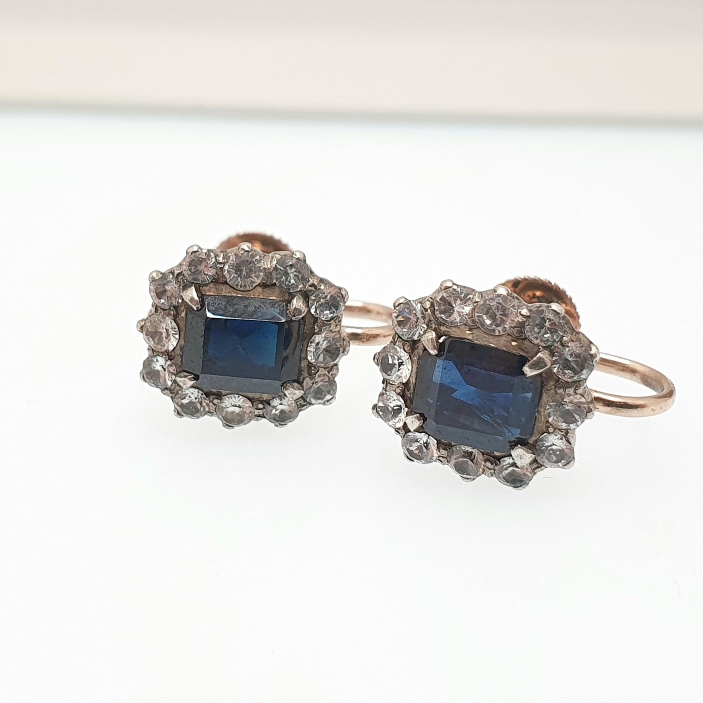 Antique 9ct 9k Gold Blue & White Sapphire Earrings Victorian Solid Silver Genuine Gemstone Cluster Screw Back Vintage Jewelry Jewellery