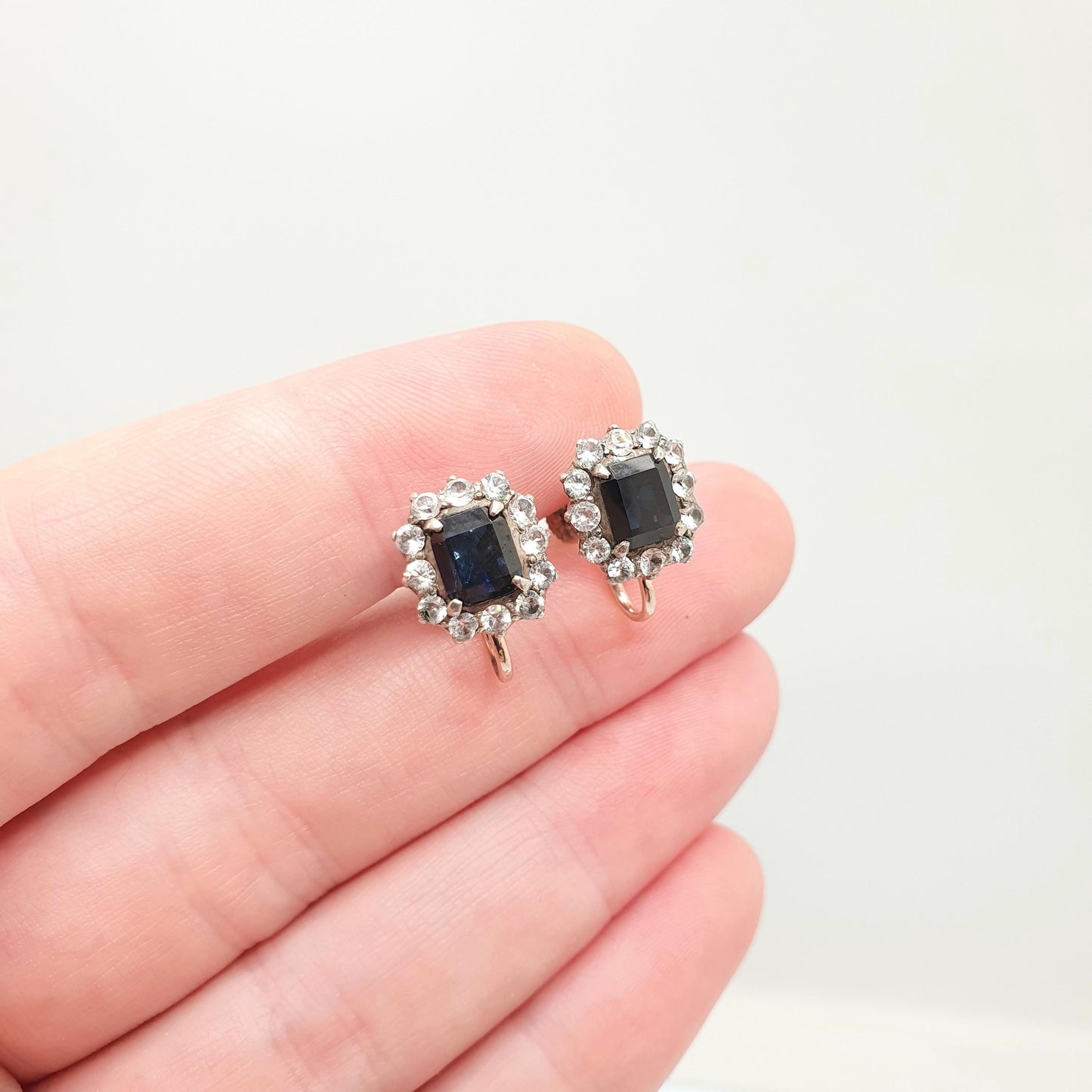 Antique 9ct 9k Gold Blue & White Sapphire Earrings Victorian Solid Silver Genuine Gemstone Cluster Screw Back Vintage Jewelry Jewellery