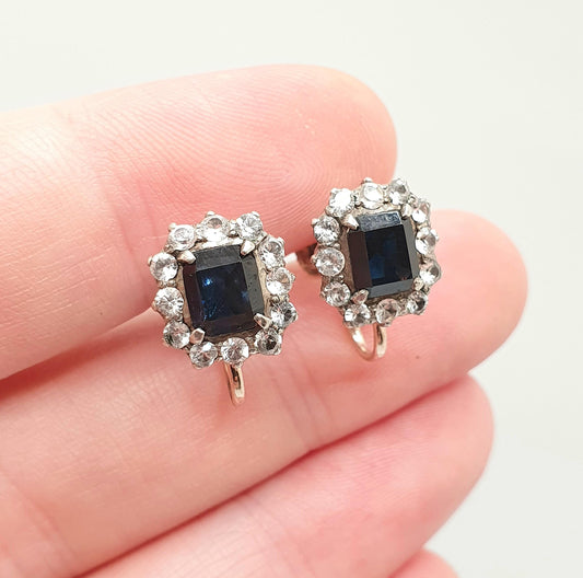 Antique 9ct 9k Gold Blue & White Sapphire Earrings Victorian Solid Silver Genuine Gemstone Cluster Screw Back Vintage Jewelry Jewellery