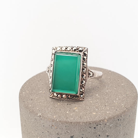 Antique Art Deco Chrysoprase Solid Silver Ring Marcasite Rectangular Cocktail Green Gemstone Large Vintage 1920s Womens Jewelry Jewellery
