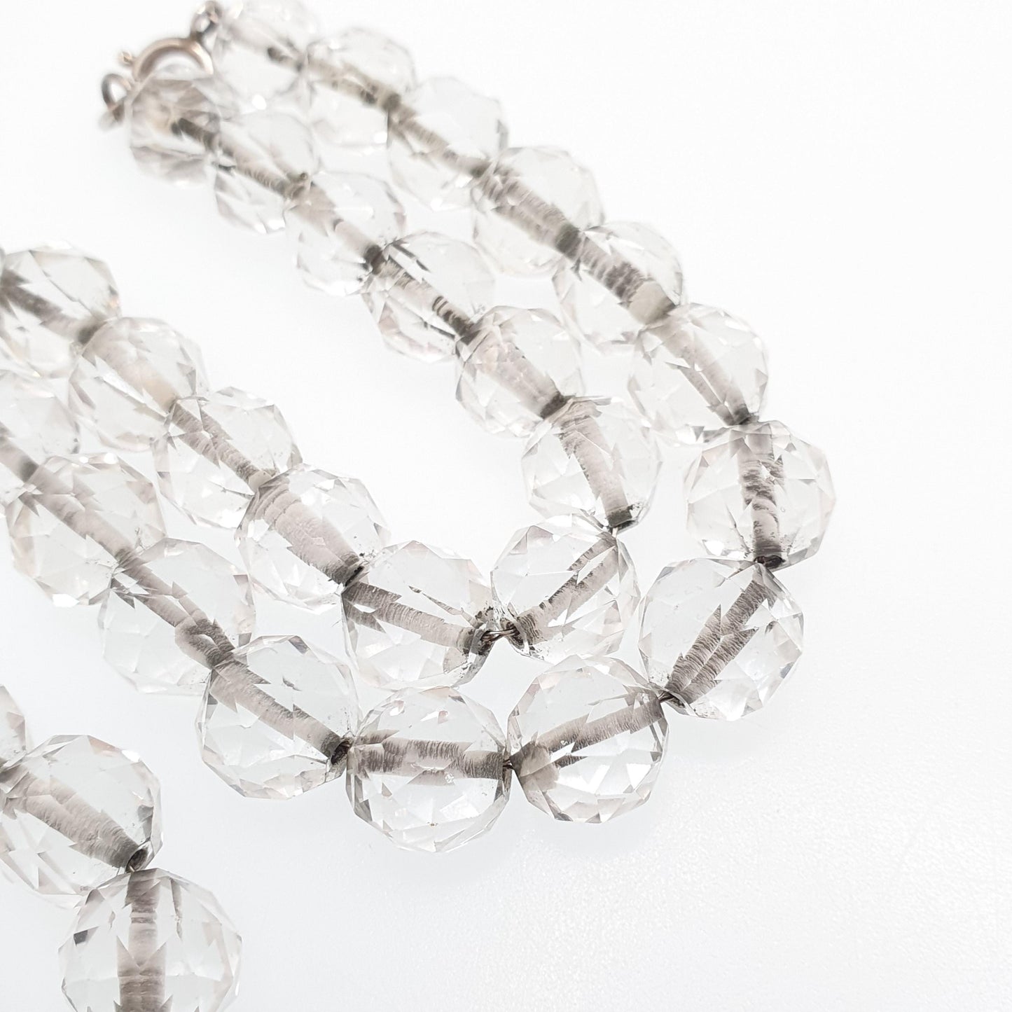 Antique Rock Crystal Quartz Bead Necklace Solid Silver Art Deco Pools of Light Faceted Genuine Gemstone Fine Vintage Jewelry Jewellery