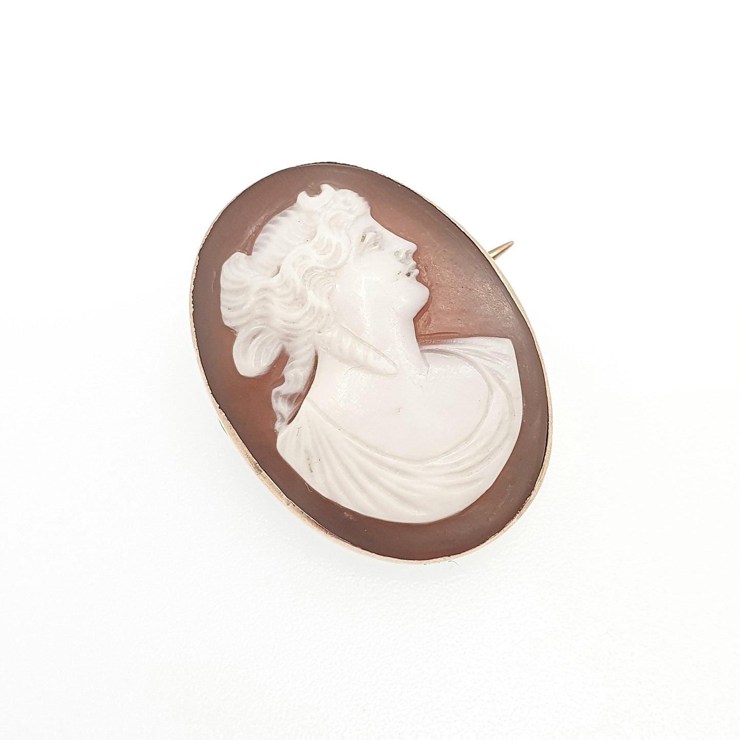 Antique 9k 9ct Gold Selene Cameo Brooch Pin Solid 375 Moon Goddess Hand Carved Victorian Shell Vintage Italian Jewelry Womens Jewellery