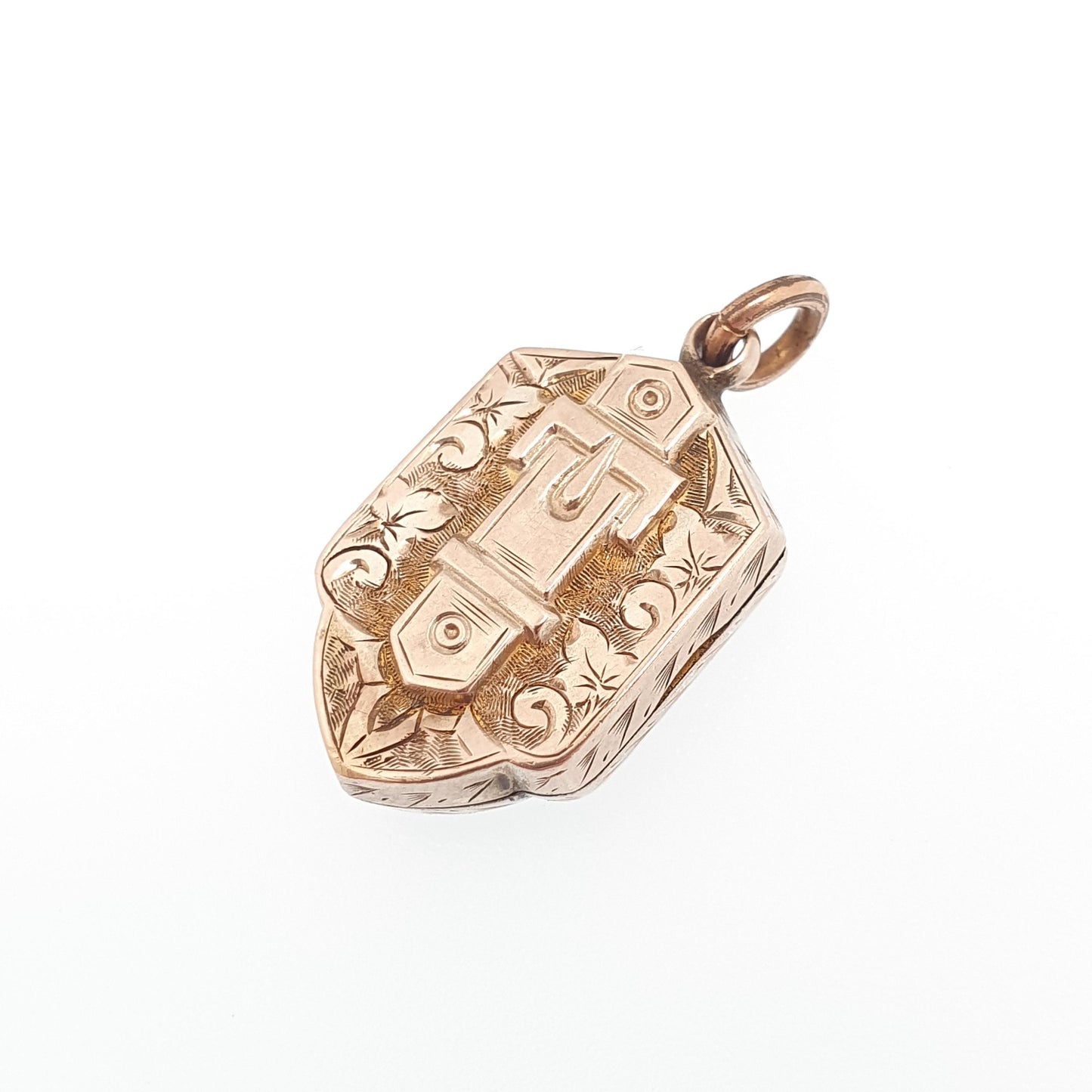Antique Victorian 9ct Rose Gold Locket Buckle Shield Shape Hand Engraved Pendant Solid 375 9k Front Back Vintage Jewelry Jewellery